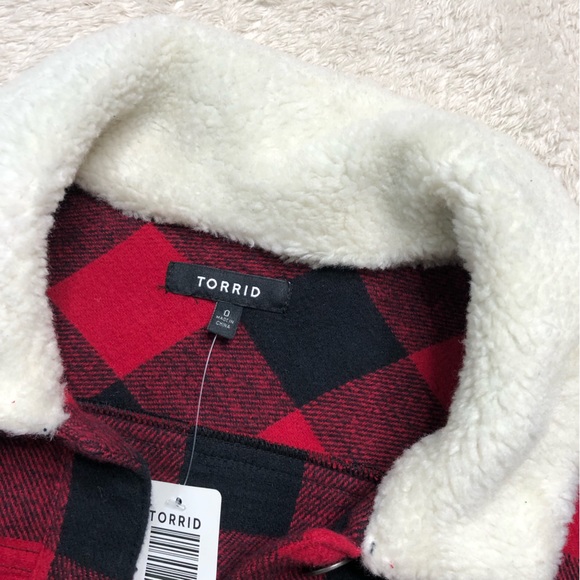 Torrid Trucker Coat Buffalo Plaid Red Stretch Twill  Cotton Sherpa Jacket - Picture 6 of 9